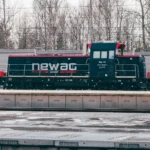A Newag locomotive parked at Trzebinia station in winter, Poland.
