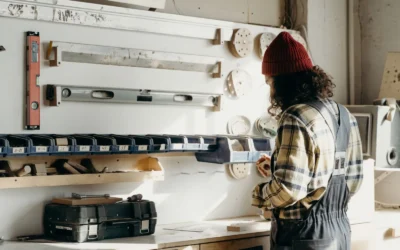 A dedicated carpenter working in a well-organized workshop filled with tools and materials.