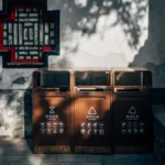 Sunlit traditional Chinese wall and recycling bins in an outdoor setting.