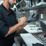 Chef putting on gloves in a professional kitchen setting, emphasizing hygiene and readiness.