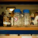 Close-up view of glass bottles and containers on a laboratory shelf with chemical symbols.