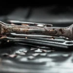 Close-up of rustic tools on a black surface, showcasing a vintage industrial aesthetic.