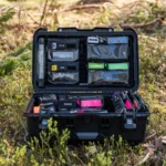 Open hard case filled with camera gear and tools in a forest setting, Sundsvall, Sweden.